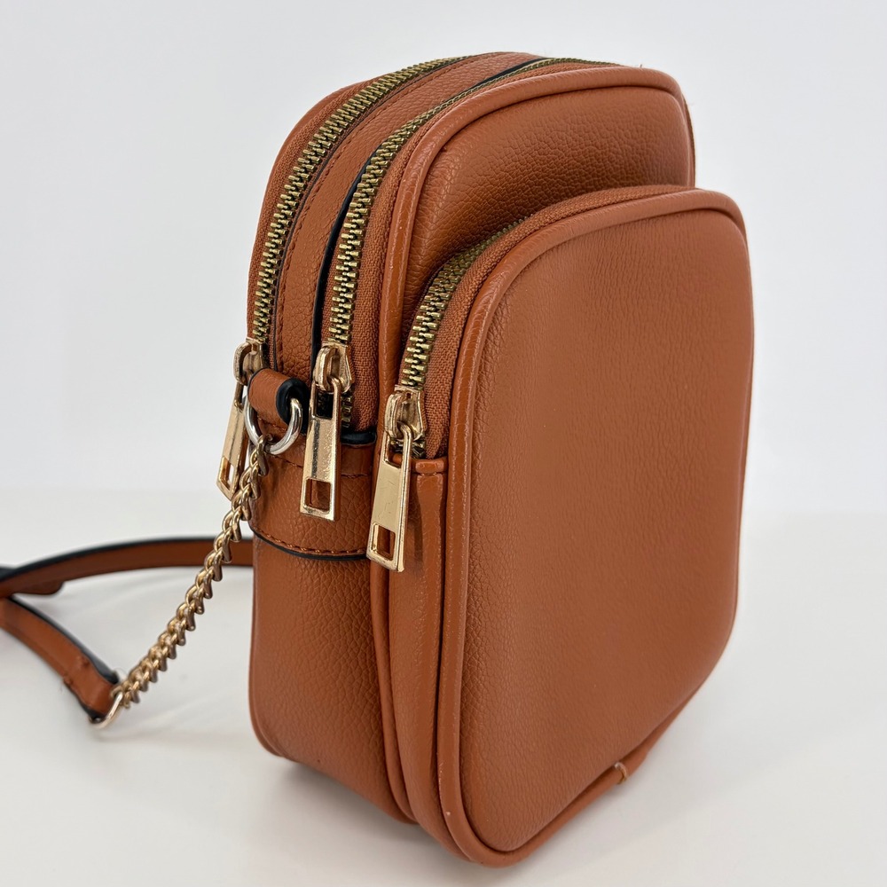 Crossbody Bag Small Cognac Pebbled Triple Zip Boho Minimalist Earthy Utility